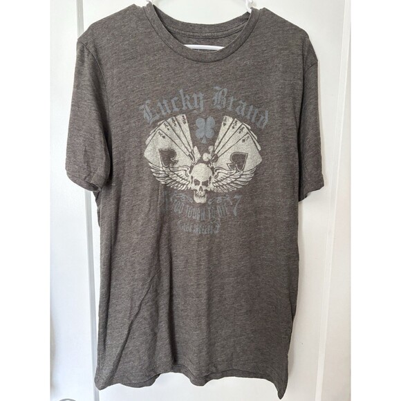Lucky Brand Mens Gray Graphic T Shirt Skull Playing Cards Biker Vegas Theme Sz L - Picture 1 of 6